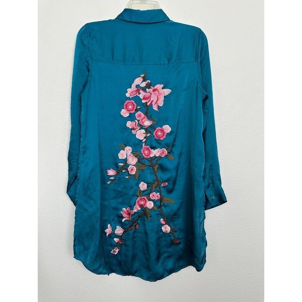 Soft Surroundings Satin Tunic Top Embroidered Button Down Shirtdress Blue Small